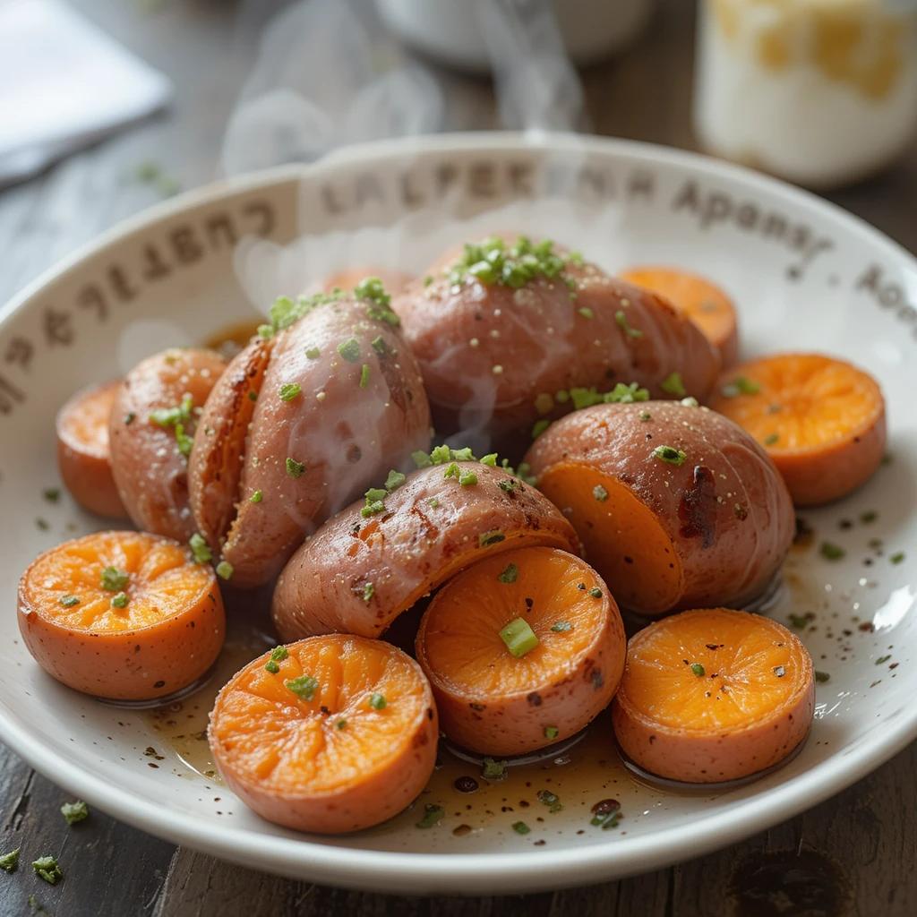 A plate of steamed or murasaki-sweet potatoes sliced in halves, garnished with chopped chives and served with a light sauce. The dish is steaming hot, indicating freshness